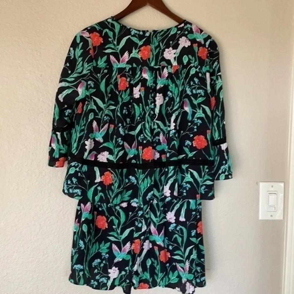 kate spade Black Floral Print Romper with Green and Red Accents